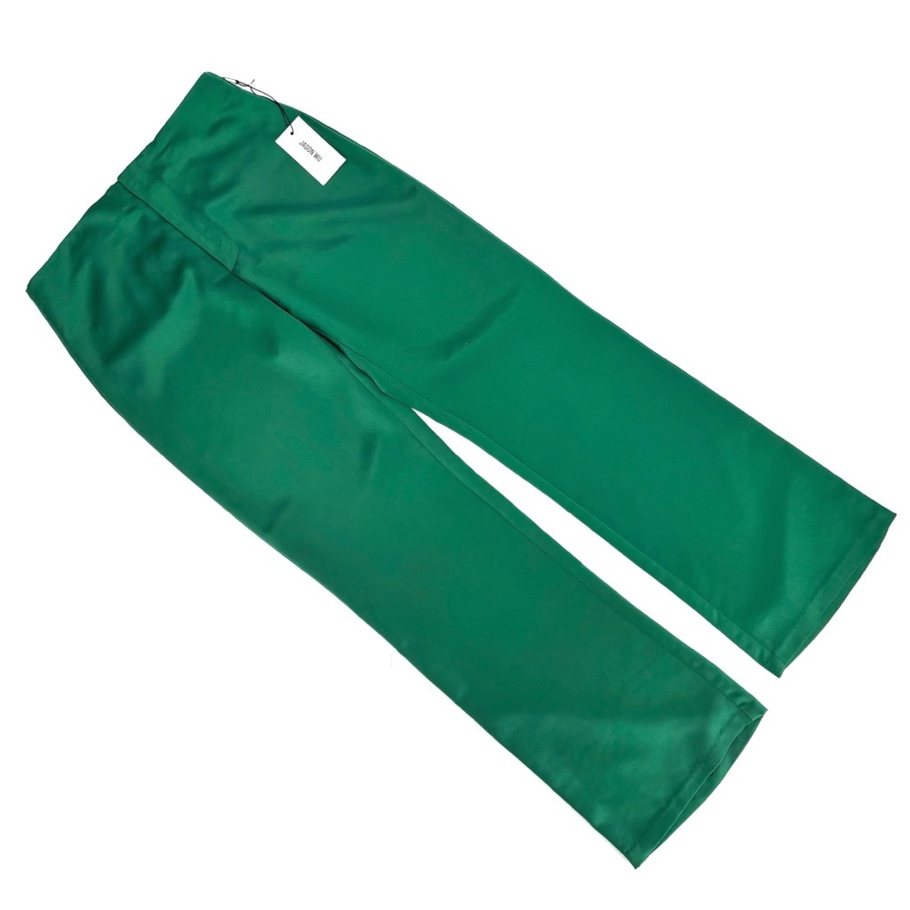 Jason Wu NWT Emerald Green Satin Wide Leg High Rise No Waistband Trousers, 2